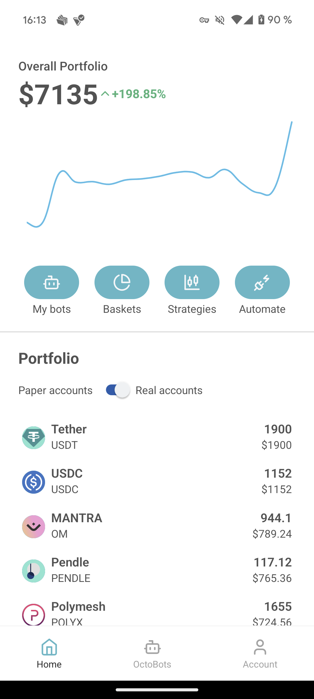 new dashboard of the OctoBot mobile app